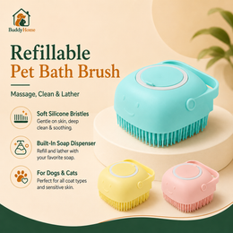 Soft Silicone Pet Bath Brush with Shampoo Dispenser, Massage Bristles and Easy-Grip Handle