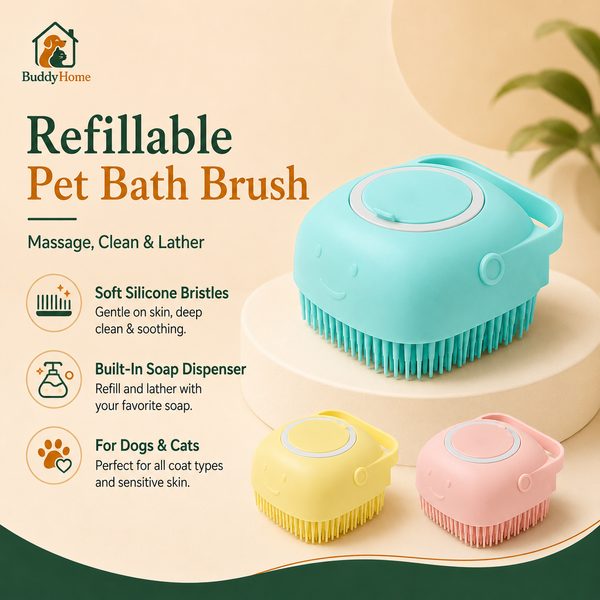 Soft Silicone Pet Bath Brush with Shampoo Dispenser, Massage Bristles and Easy-Grip Handle
