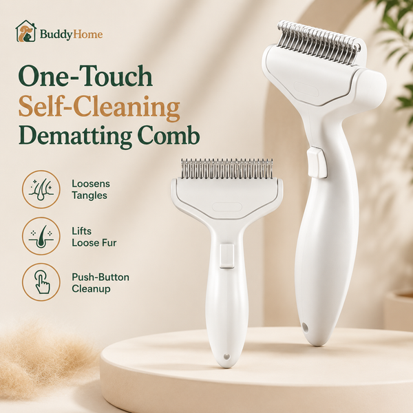 One-Touch Self-Cleaning Stainless Steel Dematting & Deshedding Comb for Long-Haired Dogs & Cats