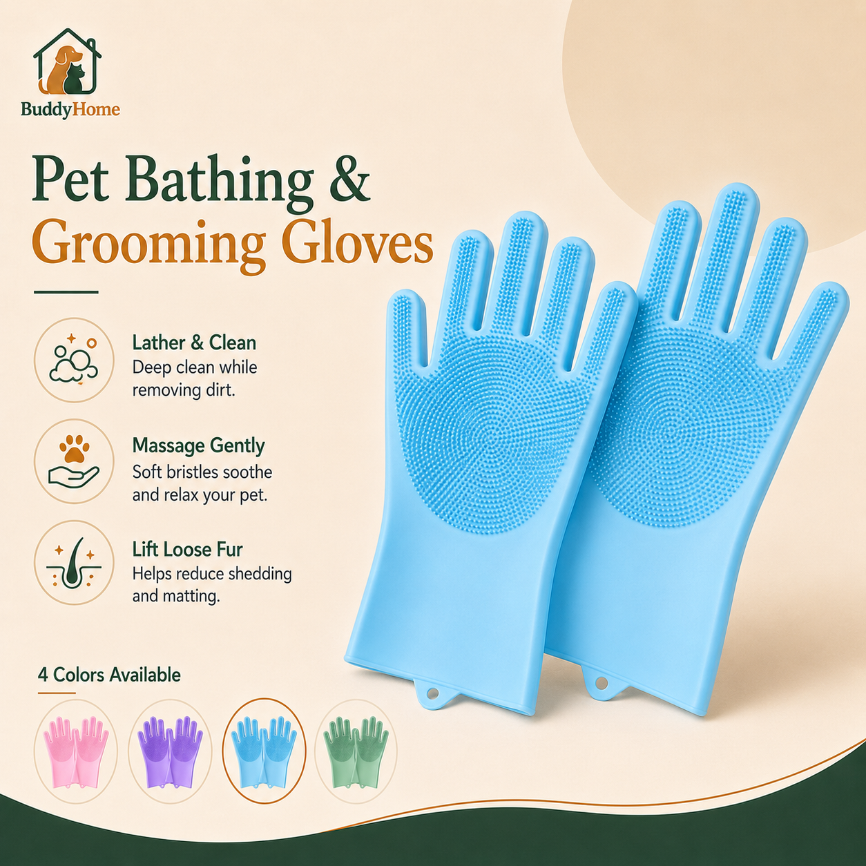 Silicone Pet Bathing Gloves with Gentle Scrub Bristles for Dogs & Cats