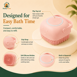 Soft Silicone Pet Bath Brush with Shampoo Dispenser, Massage Bristles and Easy-Grip Handle