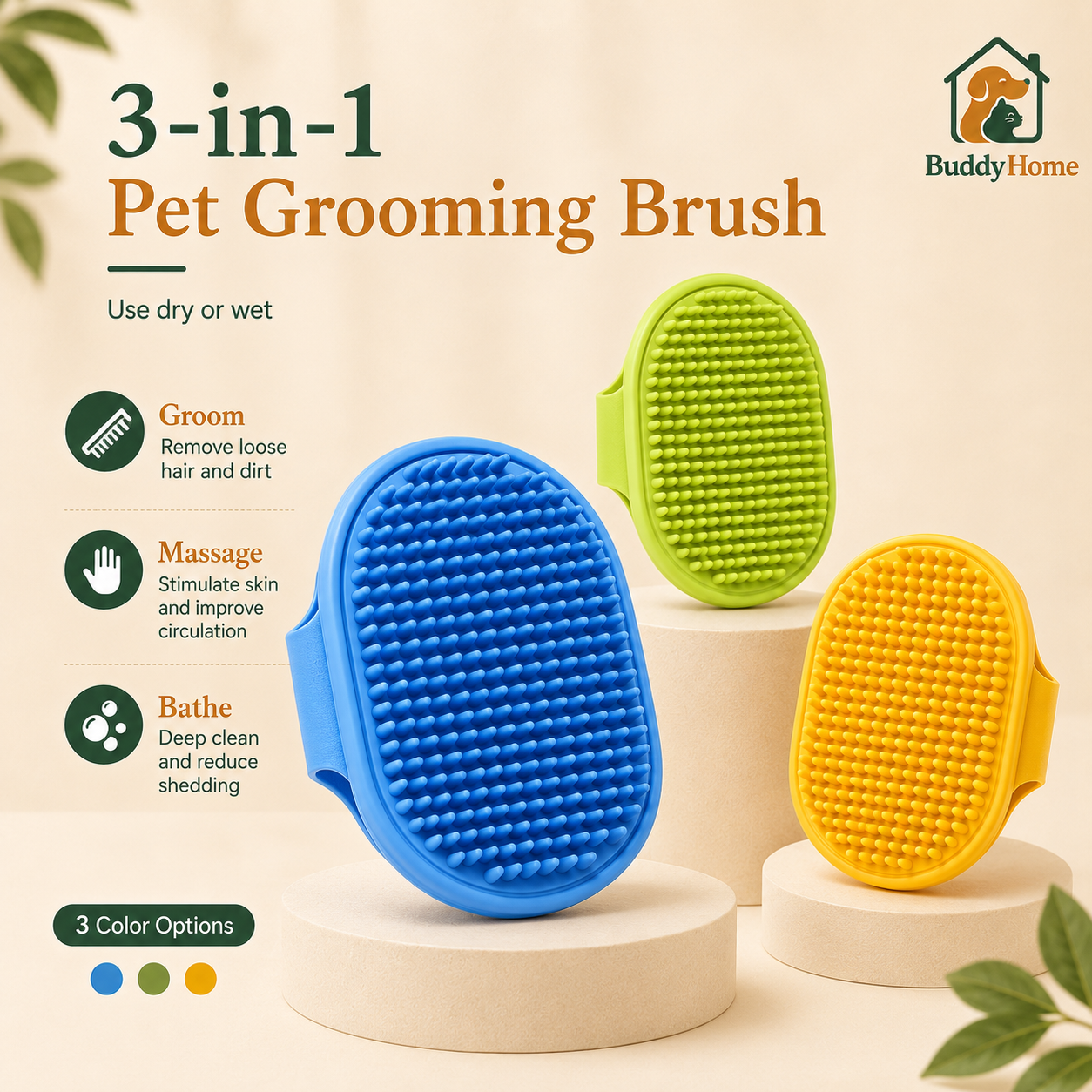 Silicone Pet Bath & Massage Brush with Soft Rubber Bristles and Adjustable Circular Grip