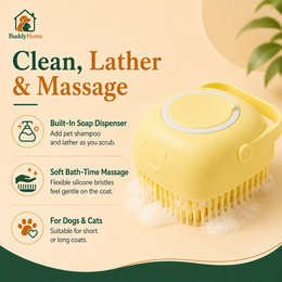 Soft Silicone Pet Bath Brush with Shampoo Dispenser, Massage Bristles and Easy-Grip Handle