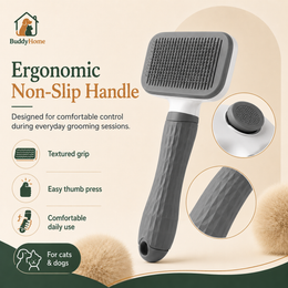 Dual-Use Dog Cat Grooming Brush 20×10×5.5cm, Self-Cleaning Slicker Comb with Round-Tip Bent Needles, Ergonomic Handle for Pet Ha