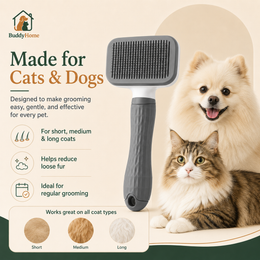 Dual-Use Dog Cat Grooming Brush 20×10×5.5cm, Self-Cleaning Slicker Comb with Round-Tip Bent Needles, Ergonomic Handle for Pet Ha