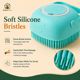 Soft Silicone Pet Bath Brush with Shampoo Dispenser, Massage Bristles and Easy-Grip Handle