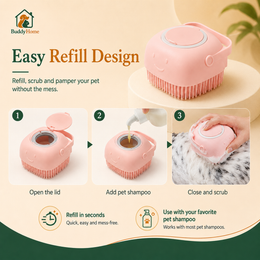 Soft Silicone Pet Bath Brush with Shampoo Dispenser, Massage Bristles and Easy-Grip Handle