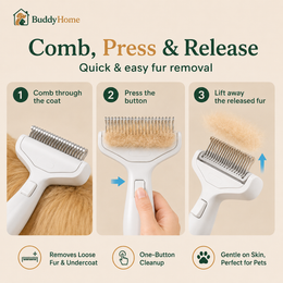 One-Touch Self-Cleaning Stainless Steel Dematting & Deshedding Comb for Long-Haired Dogs & Cats