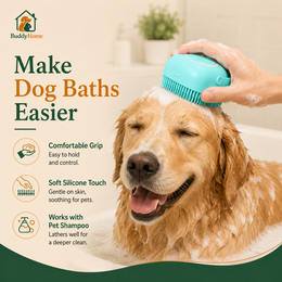 Soft Silicone Pet Bath Brush with Shampoo Dispenser, Massage Bristles and Easy-Grip Handle