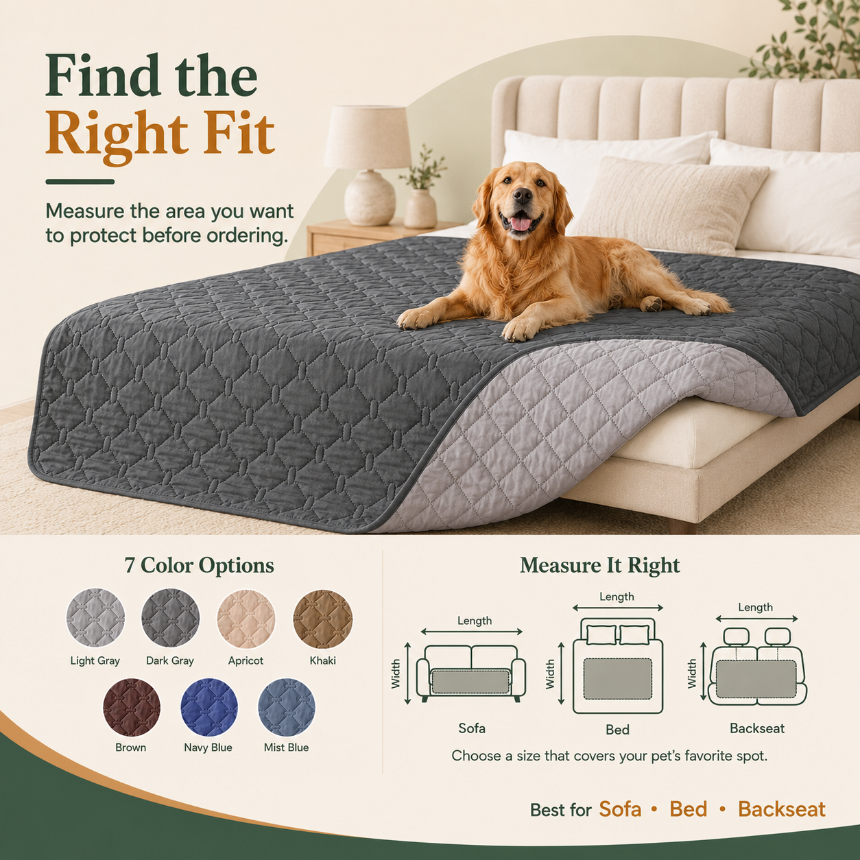 Reversible Waterproof Quilted Pet Furniture Cover for Sofas, Beds and Cars