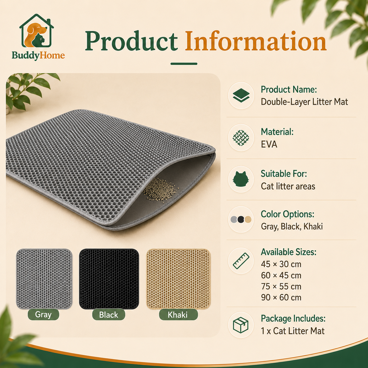 Large Waterproof Double-Layer Cat Litter Trapping Mat with Non-Slip Base