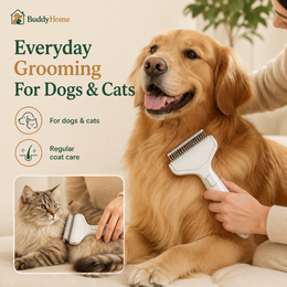 One-Touch Self-Cleaning Stainless Steel Dematting & Deshedding Comb for Long-Haired Dogs & Cats
