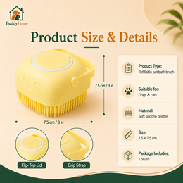 Soft Silicone Pet Bath Brush with Shampoo Dispenser, Massage Bristles and Easy-Grip Handle