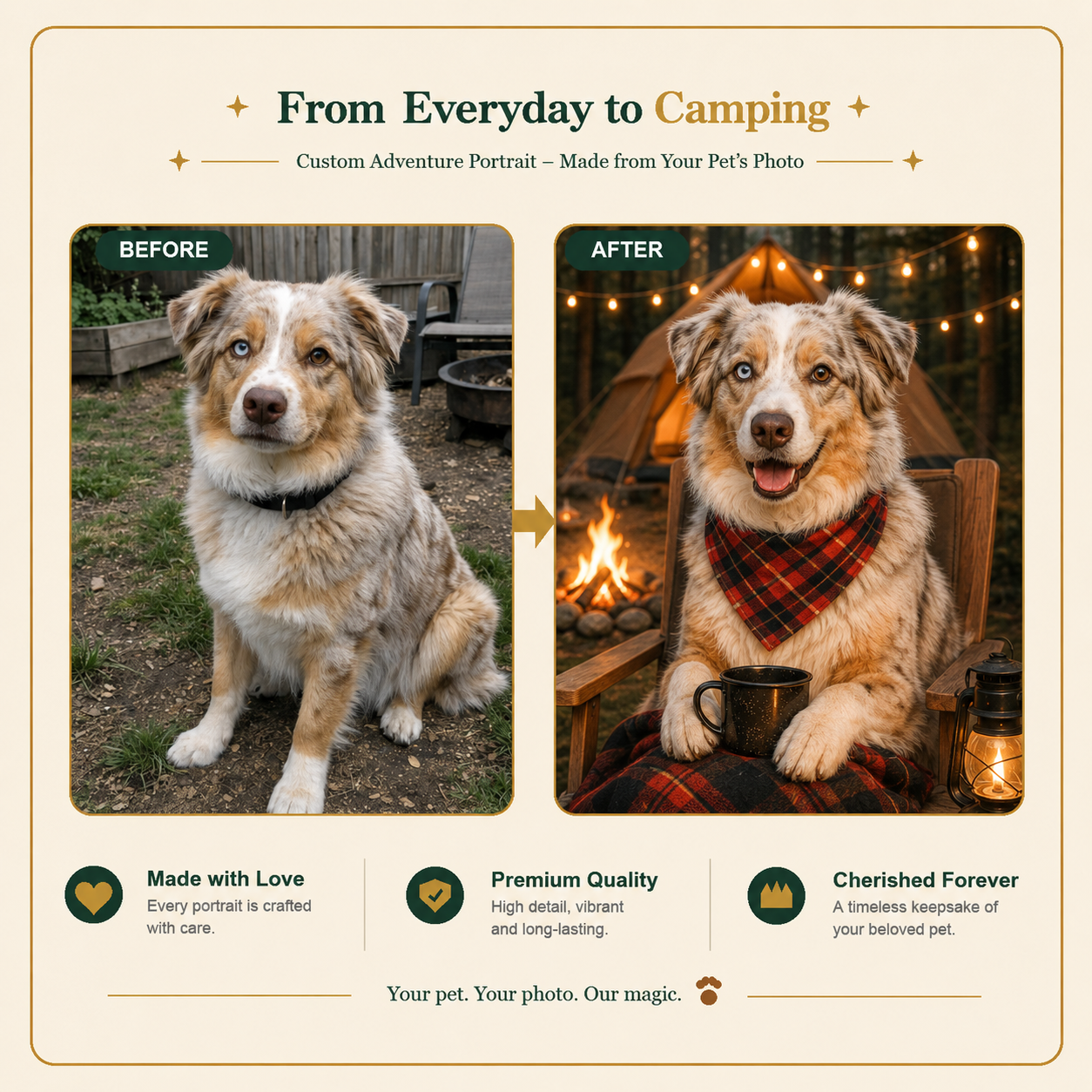 Camping Custom Pet Portrait – Your Favorite Adventure Buddy in the Great Outdoors