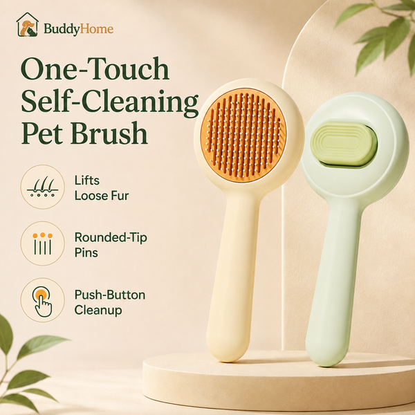 One-Touch Self-Cleaning Pet Grooming Brush with Rounded Pins for Loose Fur Removal – Dogs & Cats
