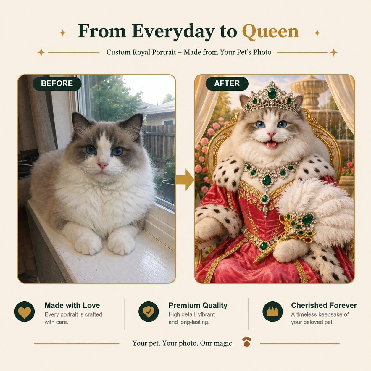 Royal Queen Custom Pet Portrait – Created from Your Pet’s Photo